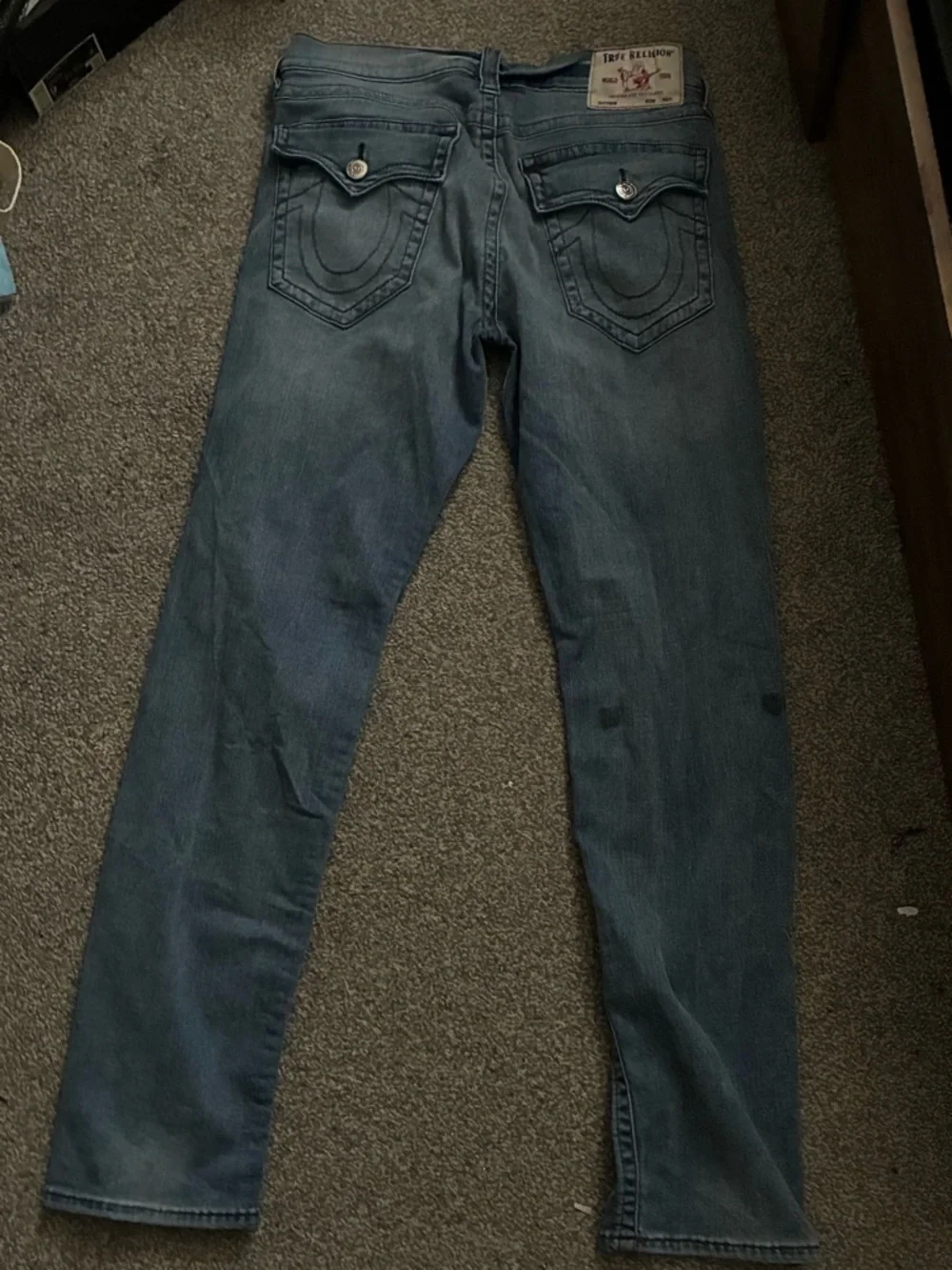 Y2K True Religion Men's Blue Washed Slim Straight Jeans